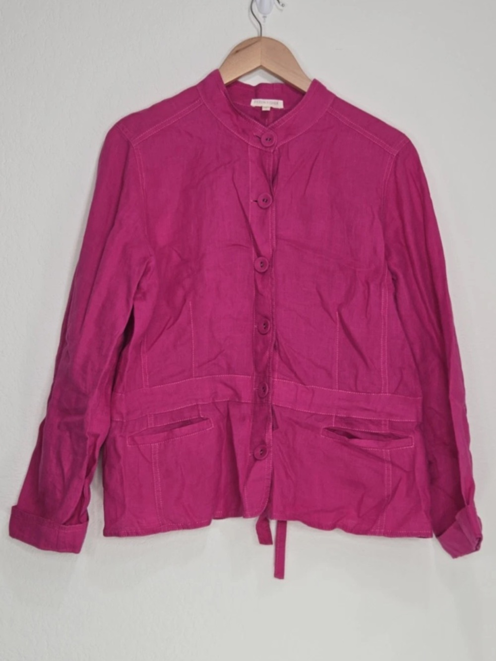 Eileen Fisher Irish Linen Round Neck Button Shirt Jacket Size L Pink Womens